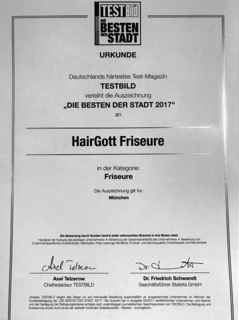 Urkunde von TESTBILD "Die besten der Stadt" an HairGott Friseure München